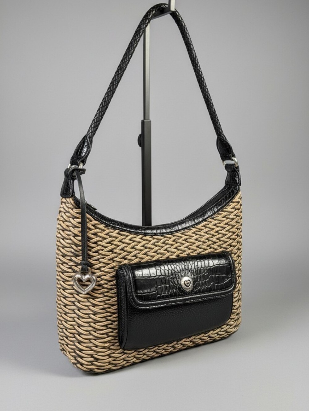 Brighton Edna Woven Straw Hobo Bag with Front Leather Pocket